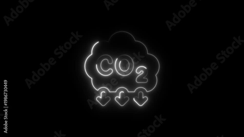 Animated neon light cloud emitting co2 gas with chemical formula co2 fading in and out inside a dark background symbolizing carbon