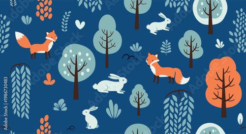 Cute seamless forest pattern featuring orange foxes and white rabbits among trees and foliage on a dark blue background.