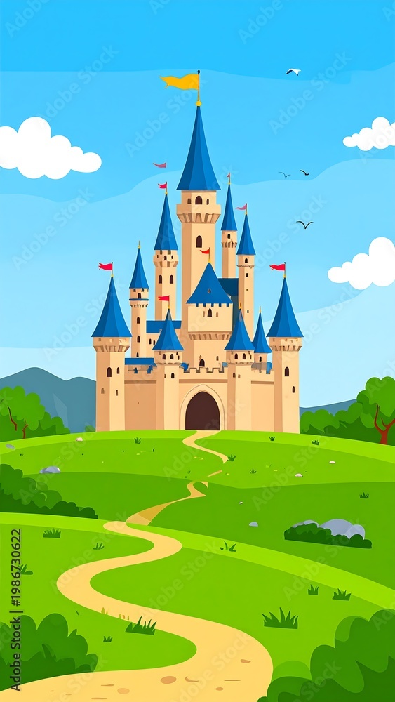 Naklejka premium Cartoon castle on a sunny day with green hills and blue sky