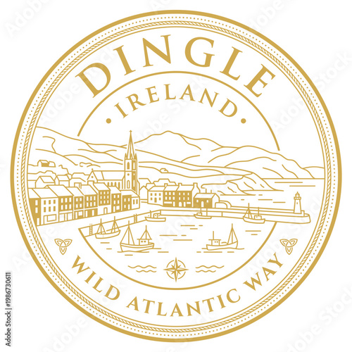 Gold Dingle Ireland harbor emblem featuring Wild Atlantic Way text vector illustration