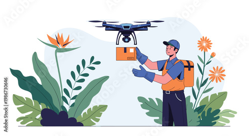 Delivery worker reaching out to receive a package from a flying delivery drone in a garden with large flowers.
