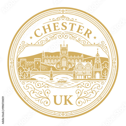 Golden Chester UK city skyline emblem featuring historic landmarks isolated on white vector illustration