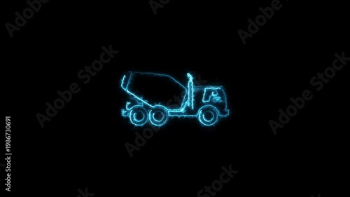 Blue neon glowing cement mixer truck silhouette industrial construction machinery in dark background