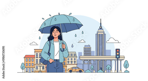 Young woman walking through city streets while holding blue umbrella during rainy day with urban buildings behind.