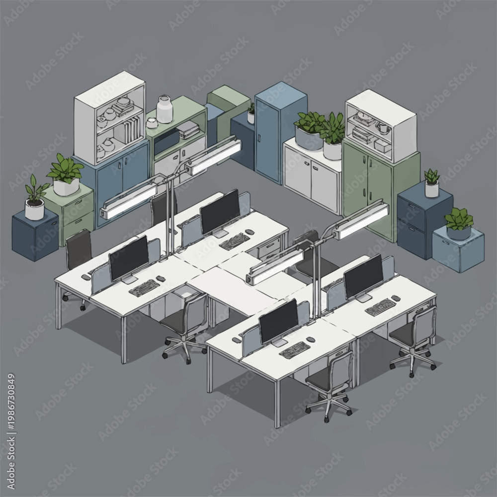 Fototapeta premium Modern office workspace with computers and furniture.