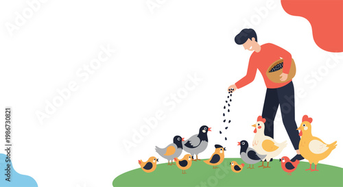 Male farmer scattering grain seeds to feed group of chickens and pigeons on green grassy field against white background.