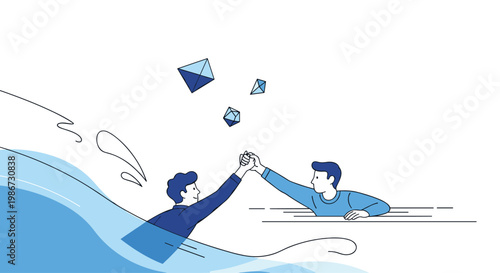 Two stylized human figures reaching out to grasp hands across water waves with floating geometric shapes above.