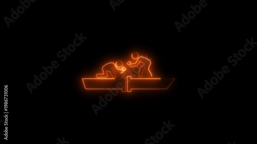 Neon glowing silhouette of artisan craftsman working on wooden surface with hammer and chisel in dark atmosphere