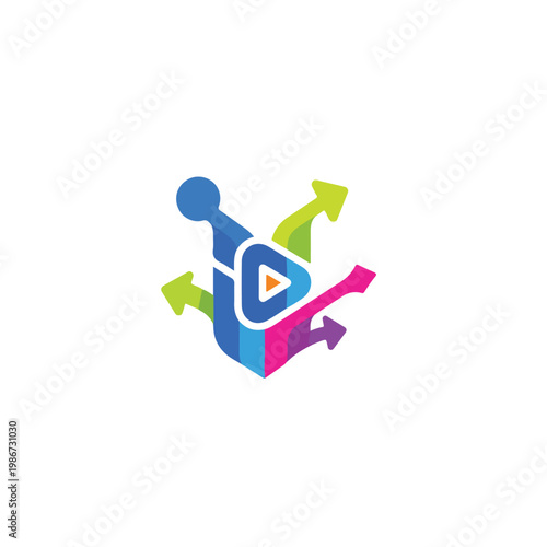 A colorful play button with multicolored arrows