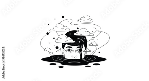 Monochrome illustration of person head emerging from black pool of water with clouds and abstract lines above.