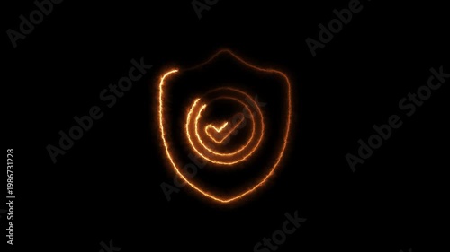 Glowing orange shield with checkmark symbolizing security verification and protection concept glowing effects in dark background