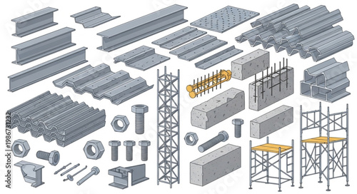 Isometric View of Construction Materials and Scaffolding Components.