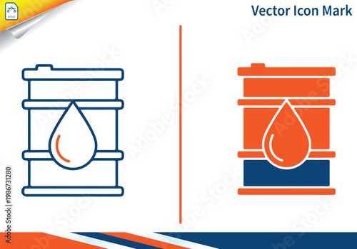 Industrial oil barrel with drop icon set for energy sector.
