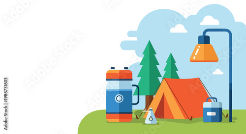 A vibrant flat vector illustration depicts a cozy campsite with an orange tent, camping gear, and pine trees under a clear blue sky.