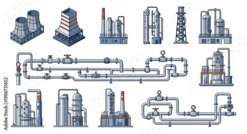 Industrial Plant and Piping System Schematics in Technical Drawings.