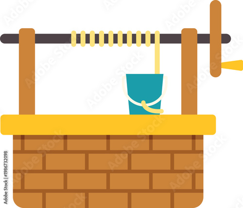 Traditional brick well drawing water with a bucket and windlass mechanism