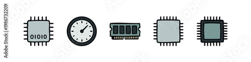 Five hand-drawn icons: microchip with binary code, clock, RAM stick, and computer chips.