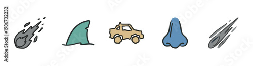 Five hand-drawn icons: meteor, shark fin, car, nose, and meteor.