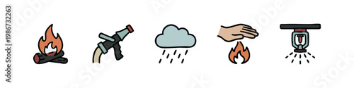 Five hand-drawn icons for fire safety: campfire, fire hose, rain cloud, hand extinguishing fire, and sprinkler.