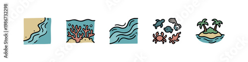 Canvas Print Collection of Ocean and Sea Life Icons with Coral Reef Beach Waves and Tropical