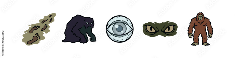Fototapeta premium Mystery and Suspense Icons with Muddy Footprints Shadow Monster and Creepy Eyes