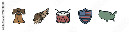 American Patriotic Symbols Set with Liberty Bell Eagle Wing Drum Shield and USA Map