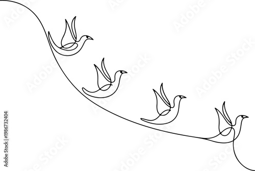 Abstract continuous line artwork depicting four stylized birds in a fluid, downward flight path, embodying the essence of freedom and dynamic motion