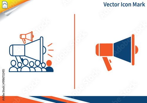Announcement megaphone over crowd protest line art.