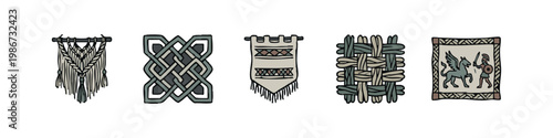 Textile and Cultural Art Set Including Macrame Celtic Knot Tapestry and Ancient Motif