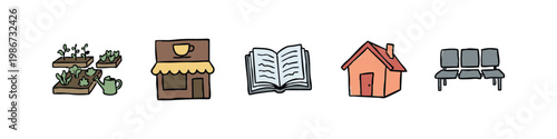 Community and Suburban Life Icons with Garden Coffee Shop Book House and Public Seating