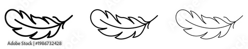 Set of four minimalist feather icons with different outline thicknesses, symbolizing lightness, softness and design adaptability. Vector illustration.