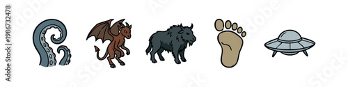 Paranormal and Fantasy Icons with Kraken Tentacle Gargoyle Monster Footprint and UFO