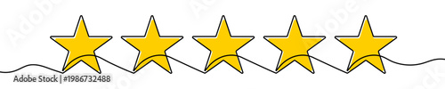Illustration of five yellow stars in a row, made in one continuous line. Minimalistic drawing of rating and feedback in the style of one line art. Vector illustration.