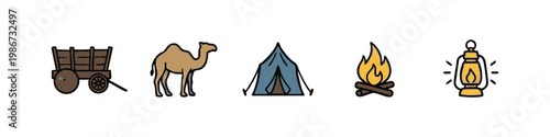Nomadic Desert Life Icon Set Featuring Wooden Cart Camel Tent Campfire and Lantern