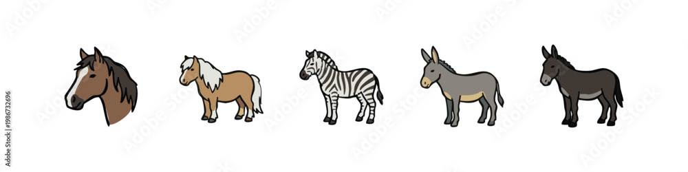 Obraz premium Set of Horse and Equine Icons featuring Stallion Head, Pony, Zebra, and Donkey