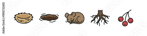 Collection of Nature Icons including Bird Nest, Animal Burrow, Sleeping Mouse, and Roots