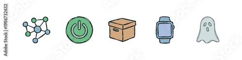 Mixed Tech and Fun Icons with Network, Power Button, Package, Smartwatch, and Ghost
