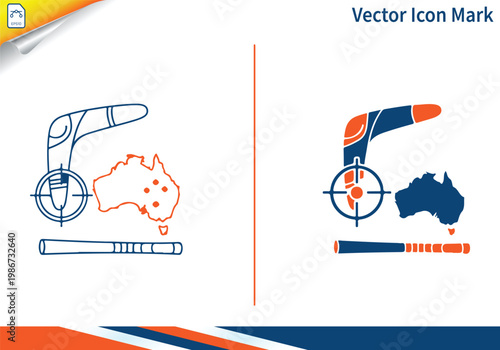 Australian cultural symbols with boomerang and map outline.
