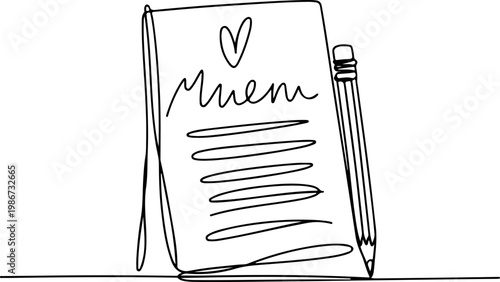 Elegant single-line drawing of a love note, a heart, and a pencil, capturing the essence of affection and thoughtful communication