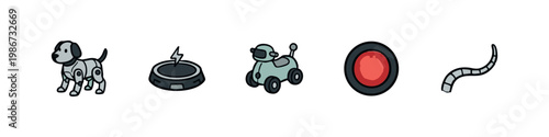Robotics and Smart Device Icon Set with Robot Dog, Robotic Vacuum, and Toy Vehicle