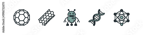 Nanotechnology and Science Icons with Fullerene, Nanotube, Tiny Robot, and DNA Helix