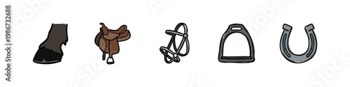Equestrian Equipment Icons including Horse Hoof, Saddle, Bridle, Stirrup, and Horseshoe