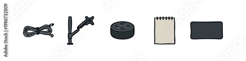 Hand-Drawn Office Organization Icons: Coiled Cable, Monitor Arm, Smart Speaker, Notepad, and Mouse Pad Doodle