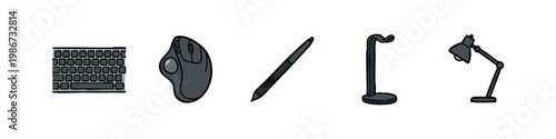 Doodle Office Tech Icons Set: Keyboard, Ergonomic Mouse, Stylus, Monitor Stand, and Desk Lamp Illustration