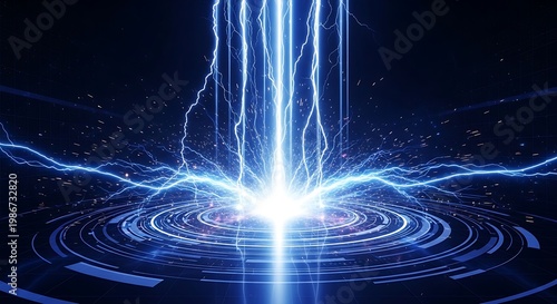 Radiant pillars of cyan energy and crackling lightning bolts ascend from a complex technological platform into the midnight void