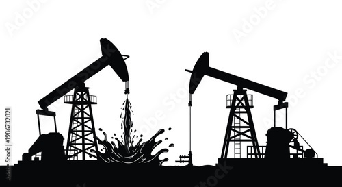 Black silhouettes of industrial oil rigs operate at a drilling site with liquid splashing against a stark white background.