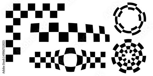 Abstract Optical Illusion Checkerboard Shapes Set. Black and white geometric distortion patterns, warped grids, circular frames and perspective effects.