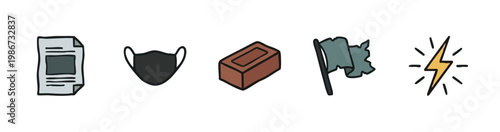 Current Events Doodle Icons: Newspaper, Face Mask, Brick, Flag, and Lightning Bolt Illustration