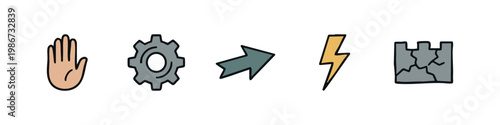 Action and Problem-Solving Doodle Icons: Stop Hand, Gear, Arrow, Lightning Bolt, and Cracked Wall Illustration