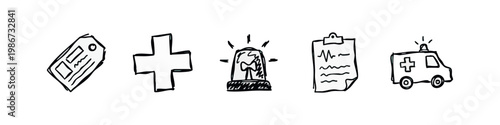 Doodle Medical Emergency Icons: Price Tag, Medical Cross, Siren, Report, and Ambulance - Scribbled Style